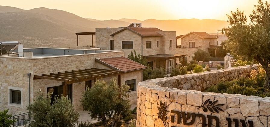 בית אבן צמוד קרקע בעין חרשה בשעת שקיעה, עם קיר אבן החרוט בשם היישוב