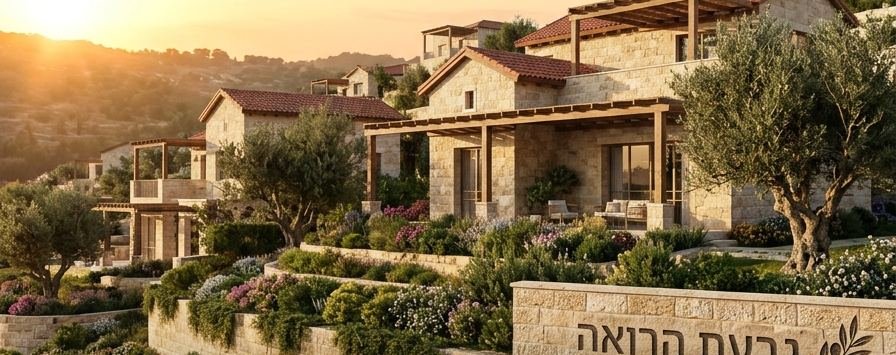 בתי אבן בגבעת הרואה, עם קיר אבן החרוט בשם היישוב